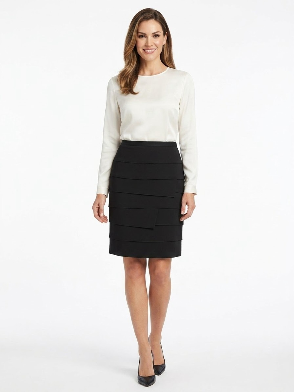 Larry Levine Black Stretch Tiered Pencil Skirt Size 12 | Classic Workwear